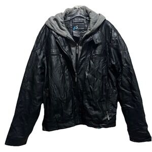 I.5 Apparel Black Faux Leather Biker Zip Up Jacket Size M Hood Zip Pockets Lined